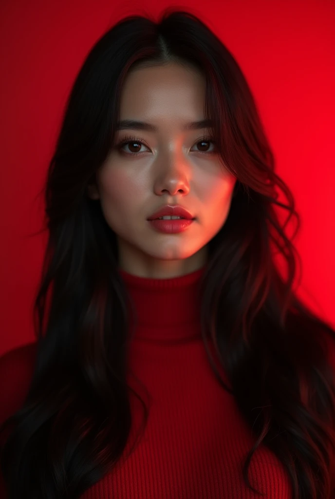 "masterpiece, very realistic, 20 years old, 8k, hd, beautiful girl, black hair, very long hair, straight hair, closed mouth, 1 girl, detailed face, beautiful woman face, red sweater, plump, red background, want viewer , 85mm lens, cinematic light"