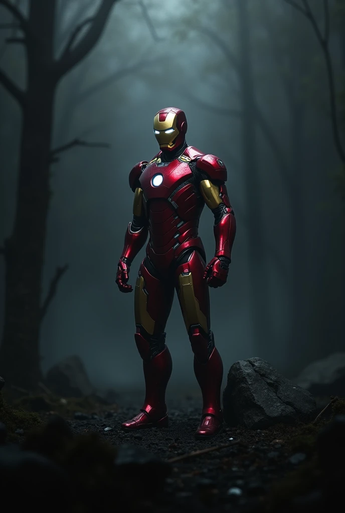 Iron Man stood in the dark and looked vague , and looks black d