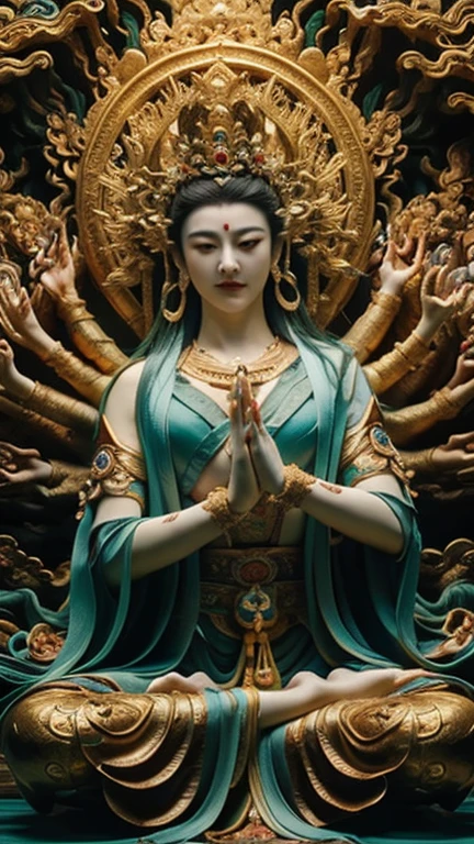 masterpiece,Best quality at best,UHD,8k wallpaper,actual,masterious,(realisticlying:1.4),1 Giant Girl,full bodyesbian, a golden statue of Thousand Hands Guan yin , Multiple hands holding some holly chinese weapons, ancient style, Eau,wave,, beautiful face with compassion