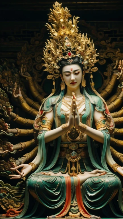 masterpiece,Best quality at best,UHD,8k wallpaper,actual,masterious,(realisticlying:1.4),1 Giant men,full bodyesbian, a golden statue of Thousand Hands god, Guan yin  style , Multiple hands holding some holly chinese weapons, he is in an ancient style temple , fantastic dunhuang outfits, olot of jewelry detail, holly lighting ,, beautiful face with compassion 