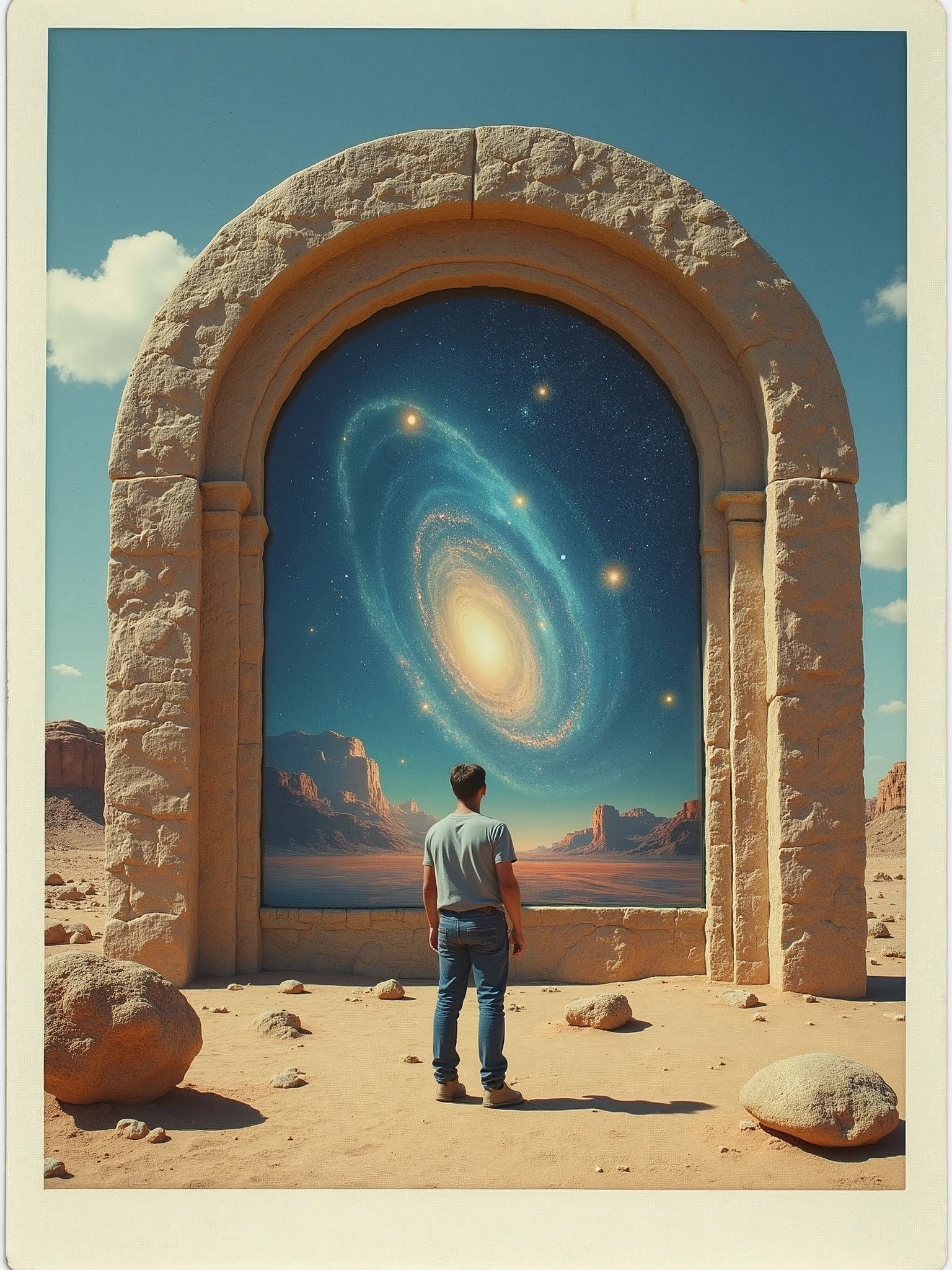 image of LCD screen in shape of a intricate stone archway, screen shows celestial bodies, nebulae and galaxies, man watching, daytime desert  background,  detailed, photorealistic, polaroid