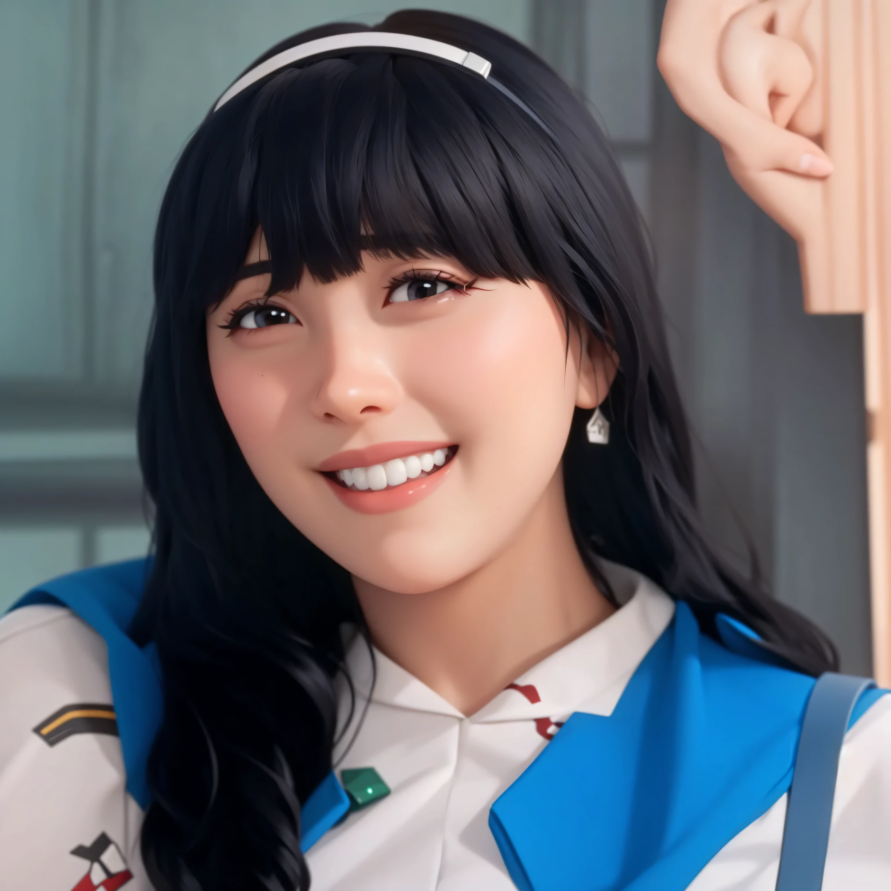 A woman, beautiful black hair, half body, smiling cheerfully, portrait, 3D cartoon, realistic, detailed,