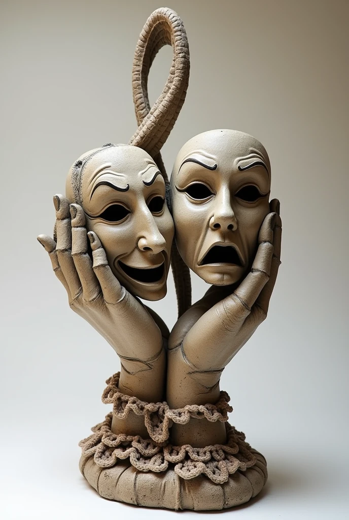 Sculpture of two hands in paper mache holding the faces of the theater and a treble clef as a support, and crochet parts, give me four sketches, head on, back and two sides