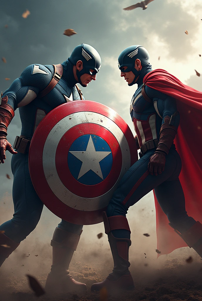 Bayern Munich shield invited with Captain America&#39;s shield. Down with iron and captain America fighting dramatically, an epic background 
