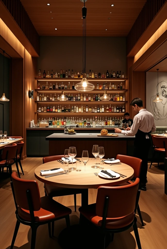 Warm minimalist gourmet restaurant with a large bar that is apart from the restaurant, a warm place with handsome waiters
