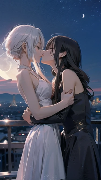 (Moonlit Confession),moon,Two women kissing,A girl with long blonde hair and a girl with short silver hair