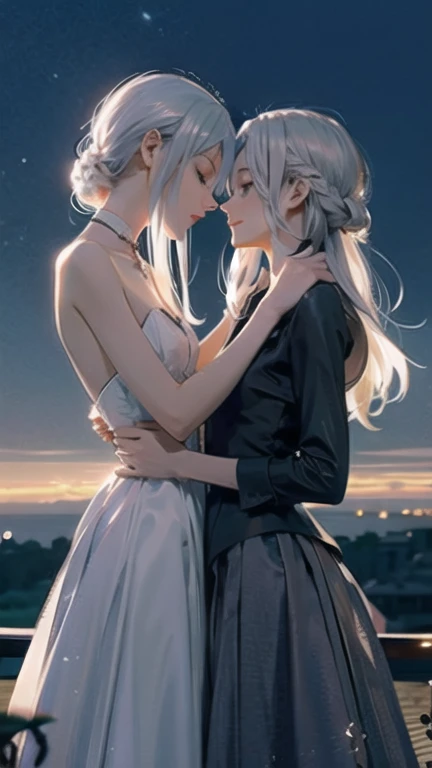 (Moonlit Confession),moon,Two women kissing,A girl with long blonde hair and a girl with short silver hair