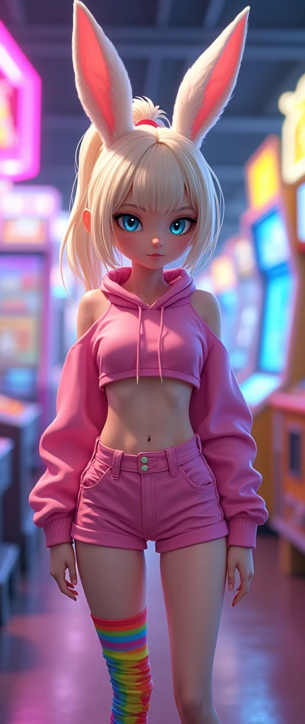female, anthropomorphic rabbit, white fur, blue eyes, solo, blonde hair, ponytail, straight bangs, blue eyes, short, curvy body, flat chest, pink croptop, shorts, rainbow thigh high, indoors, arcade, highly detailed, realistic