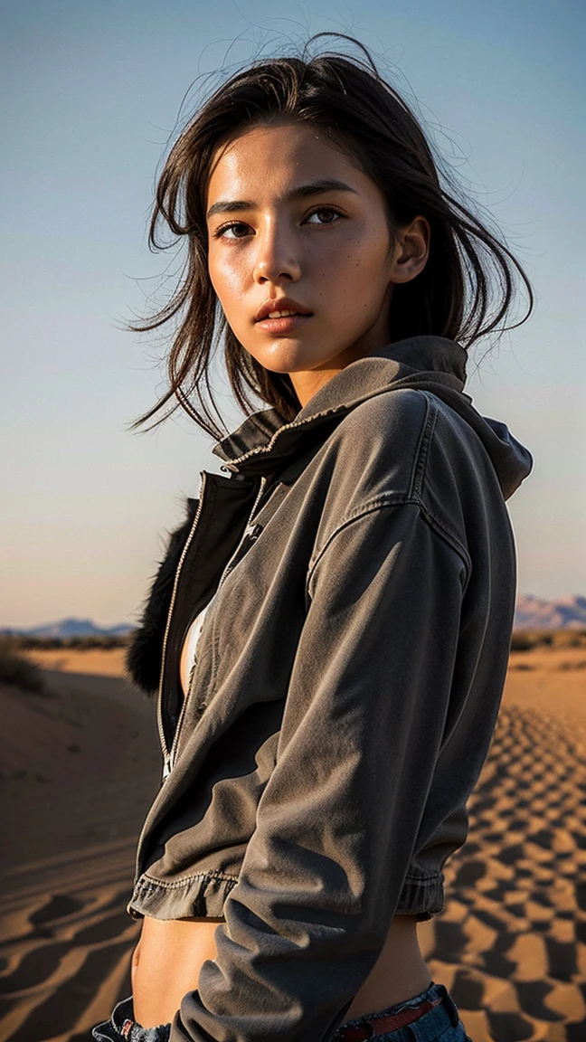 masterpiece, Transition to a desert landscape at sunset, a lonely figure, A beautiful 13-year-old American teenager emerges wearing beautiful post-apocalyptic nomadic clothes., White skin, by rubio, gray blue eyes, Freckles in the face, slim body for running, small breasts, Very detailed face, ultra realistic face, very beautiful face, clean but tired face, post-apocalyptic clothing. Layers of tattered fabric, unconventional accessories, and a worn appearance create an aura of survival and resistance., 16k, ultra high resolution.photorealistic, HD, raw, DSLR
