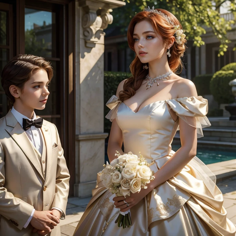 (masterpiece, best quality:1.5), highest quality, High resolution, super detailed, Realists, Upper body photo of a red-haired flower girl and a boy in a suit, detailed and beautiful eyes, beautiful detailed lips, very detailed eyes and face, longeyelashes, Young girl in a short dress made of shiny beige satin fabric, Beautiful and colorful makeup, elegant and noble々Pose,shiny satin headband, grind, Holding flowers, Gardens as background, soft daylight, bright colors, fine brushstrokes, Portrait style, Noble details in the dress fabric, beautiful color palette, glowing skin, First-class rendering, that captures every detail, enchanting atmosphere, subtle shadows and lights, (perfect anatomy:1.2), (The stunning flower girl is in love with a boy in a grey suit. Exchanging glances. Look flirtatious (magnificent panorama view:1.2)