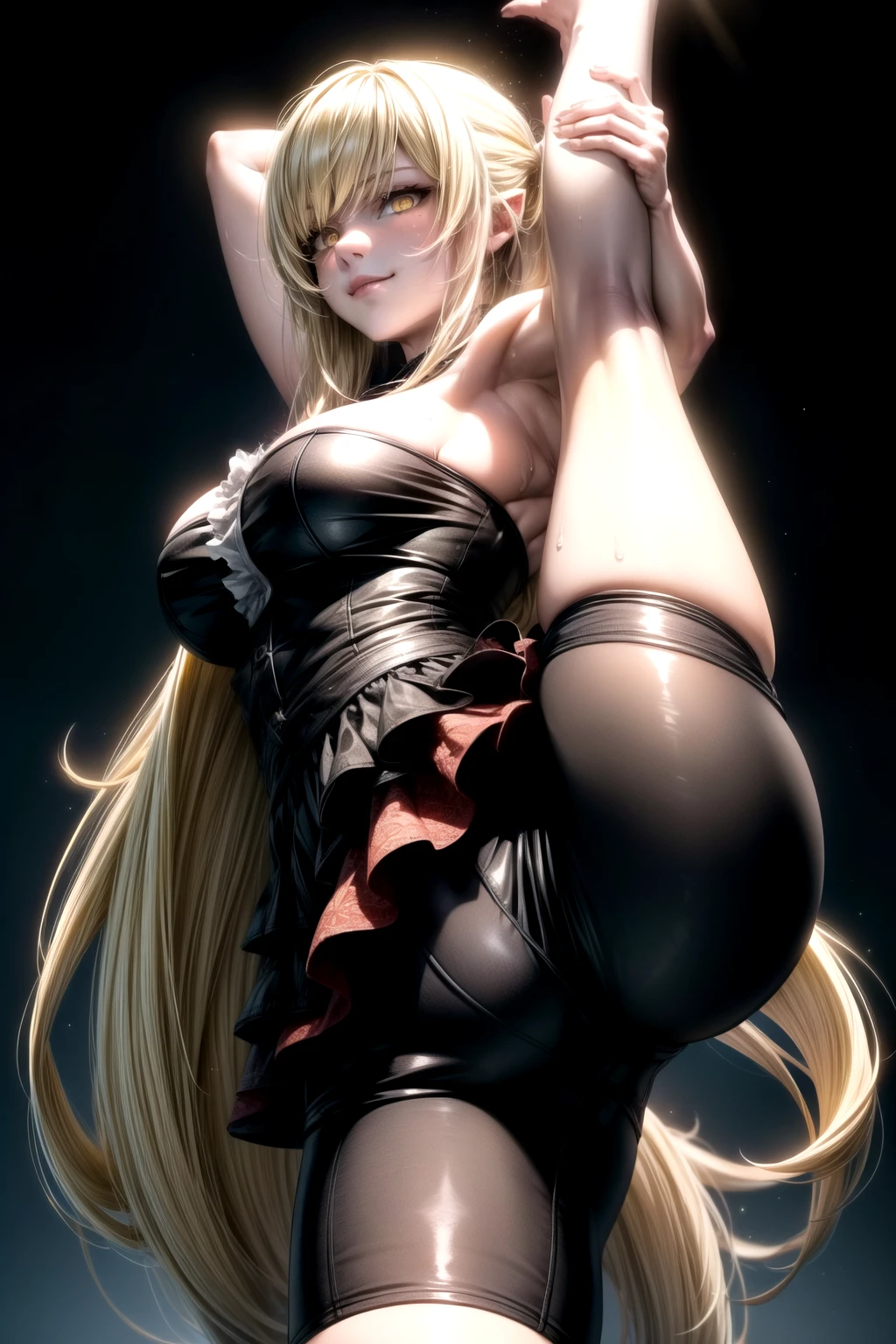 ddshinobu, vampire, (blonde hair:1.4), (yellow eyes:1.5), long hair, (large breasts:1.2), (huge ass:1.4), (Muscular Female),
BREAK ((bike shorts)), ((micro top:1.4)),
BREAK looking at viewer, sweaty body, ((smirk)), (sweaty:1.3), (((standing split))), ((standing on one leg)), leg up, ((from below)), frontal view,
BREAK (masterpiece:1.2), best quality, high resolution, unity 8k wallpaper, (illustration:0.8), (beautiful detailed eyes:1.6), extremely detailed face, perfect lighting, extremely detailed CG, (perfect anatomy),