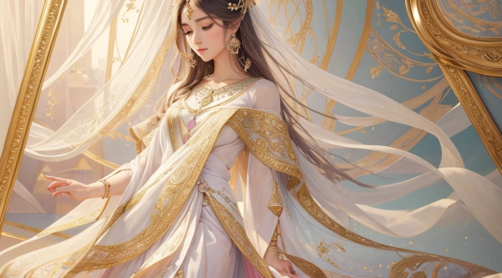 A gracefully flowing tapestry of pastel geometric shapes, accented with delicate hints of gold, dances across the canvas. The intricate patterns create a sense of harmony and elegance, drawing the eye in with their fluidity and balance. This stunning artwork is a painting that exudes sophistication and beauty, its soft pastel colors and intricate details capturing a sense of peaceful serenity. The artist's skill is evident in the meticulous blending of colors and precision of the design, making this a truly exquisite piece that radiates a sense of refined taste and artistic mastery.