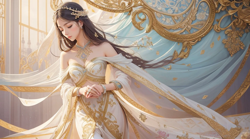 A gracefully flowing tapestry of pastel geometric shapes, accented with delicate hints of gold, dances across the canvas. The intricate patterns create a sense of harmony and elegance, drawing the eye in with their fluidity and balance. This stunning artwork is a painting that exudes sophistication and beauty, its soft pastel colors and intricate details capturing a sense of peaceful serenity. The artist's skill is evident in the meticulous blending of colors and precision of the design, making this a truly exquisite piece that radiates a sense of refined taste and artistic mastery.