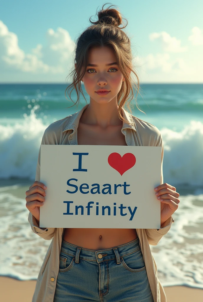 Hyperrealism,A girl holds up a sign that says I Love Seaart Infinity,Standing by the sea,Movie-quality images,Sunlight,Waves,Beach