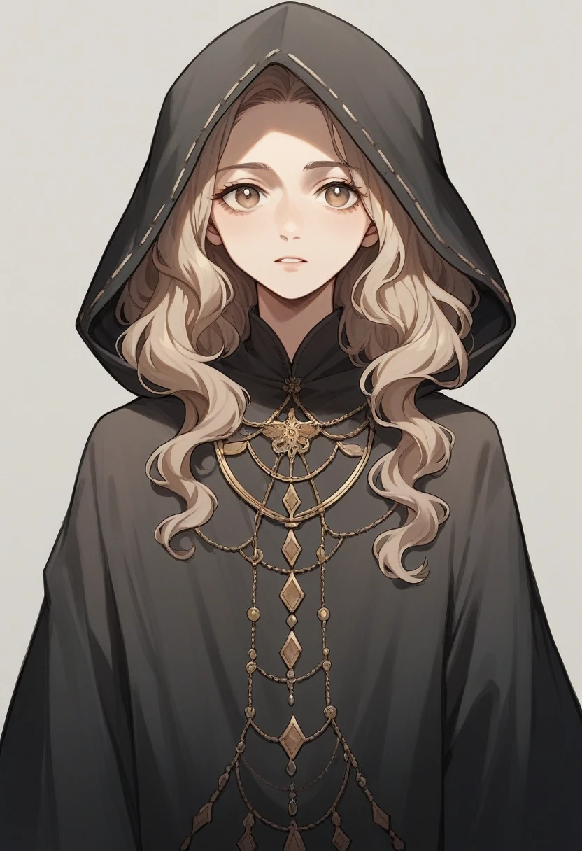 Girl with light brown eyes, dark brown wavy hair and black fantasy robe with hood, Arabic appearance