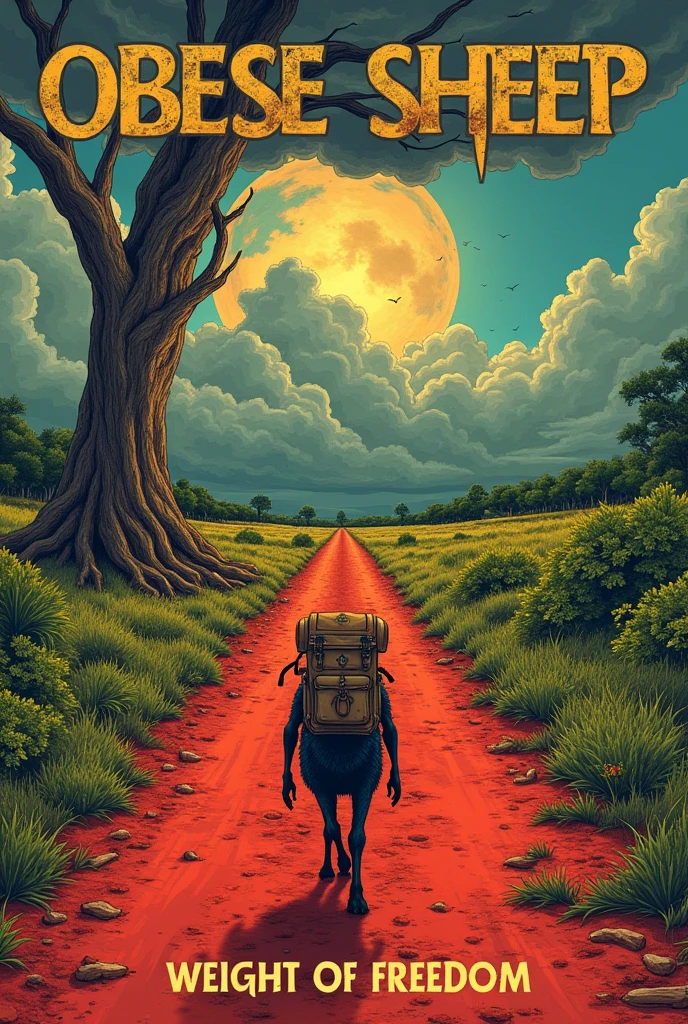 band cd cover. The cover shows a red dirt road that stretches to the horizon, symbolizing the journey and search for freedom. On one side of the road, there is an imposing dry tree, its roots exposed and twisted, representando o Weight e as dificuldades da vida. on the other side, lush green vegetation begins to emerge, suggesting hope and renewal. In the center of the cover, a black sheep, lean and resistant, walks along the road. She carries a worn backpack on her back, almost bigger than her, reinforcing the theme of "Weight". The sheep, which is the symbol of the band, has a determined look, as if you were looking for something bigger. No fundo, the sky is divided: On one side, dark clouds threaten a storm, and the other, the sun begins to break through, lighting the road ahead. The art is done in a semi-realistic style, with strong lines and saturated colors, reminiscent of classic rock album covers. The main colors are earth red, the green of the vegetation, and the blue and gray of the sky, with the black sheep contrasting against the backdrop, making it the focal point. The name of the band, "Obese Sheep", is written at the top of the cover in large, worn letters, as if they were stamped. The album title, "Weight of Freedom", appears at the bottom, in a smaller, more delicate font, sugerindo a leveza da liberdade em contraste com o Weight do caminho. In some corners of the cover, there are subtle details of Brazilian folklore, such as small figures of mythical animals or tribal patterns, almost hidden, but visible to a closer look, representing the band&#39;s cultural influence.