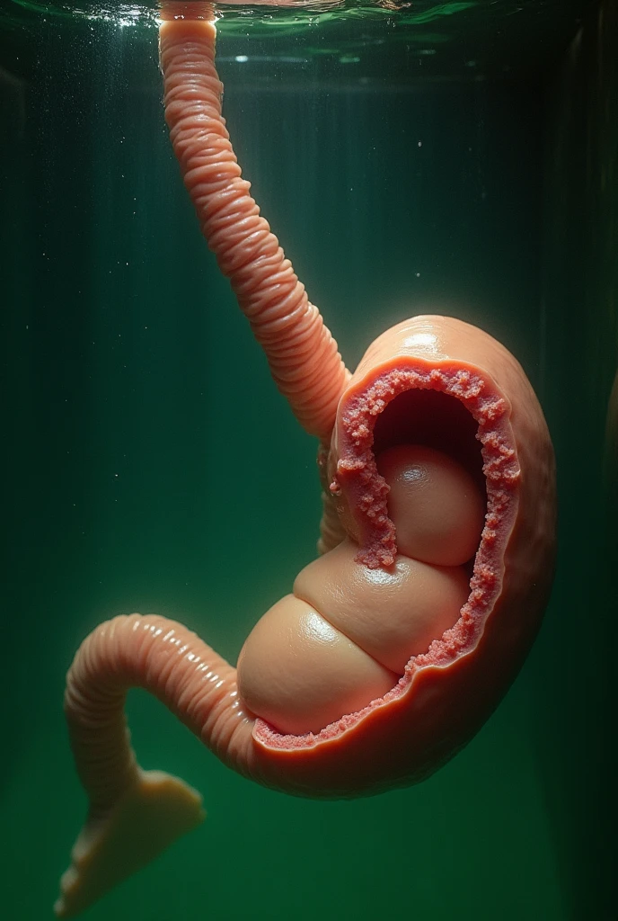 internal huge stomach view like stomach endoscopy:: a japanese woman stay inside it, She sat for a while playing in the dark green water up to her waist,She wears school uniform, She scream