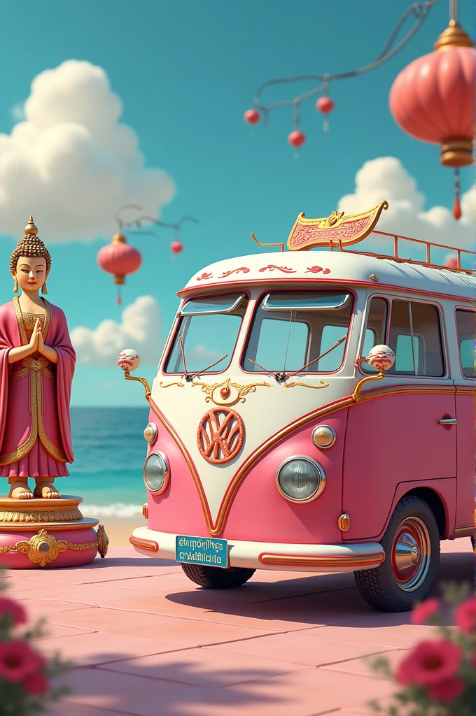 A pink and white mix bus near a Buddha statue