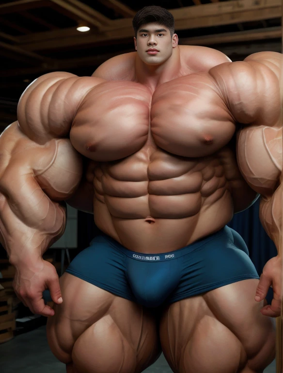 1boy, giant, asian, solo, giant bodybuilder, illuminating light, strong body, bulk, large size, standing in whiet photo studio, indoor, nude, blue triangular underwear with enormous bulge, extraordinary big, brutalmass, giant muscular body, bulk, buff, massive body, large meaty body size, extremely wide body