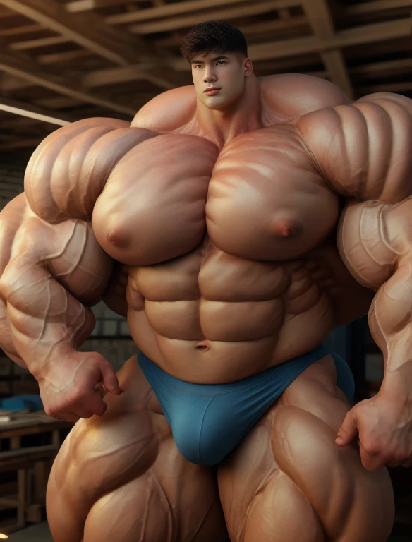 1boy, giant, asian, solo, giant bodybuilder, illuminating light, strong body, bulk, large size, standing in whiet photo studio, indoor, nude, blue triangular underwear with enormous bulge, extraordinary big, brutalmass, giant muscular body, bulk, buff, massive body, large meaty body size, extremely wide body