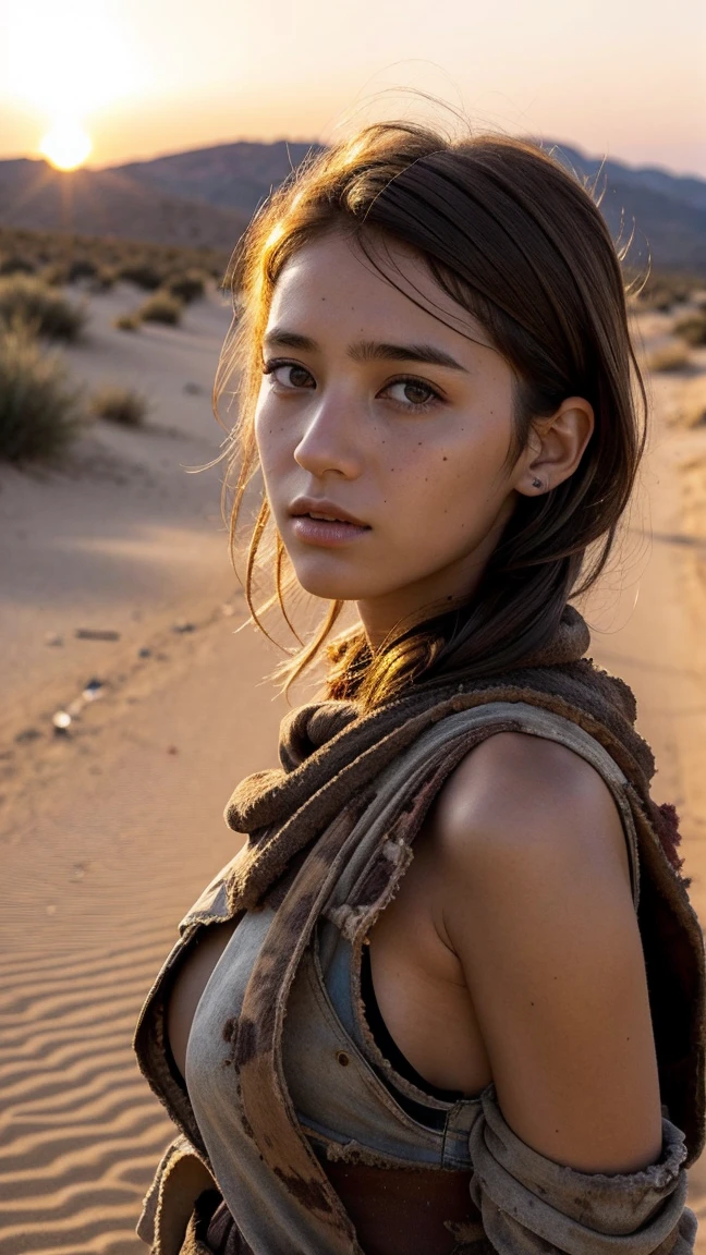 masterpiece, Transition to a desert landscape at sunset, a lonely figure, A beautiful 13-year-old American teenager emerges wearing beautiful post-apocalyptic nomadic clothes., White skin, by rubio, gray blue eyes, Freckles in the face, slim body for running, small breasts, Very detailed face, ultra realistic face, very beautiful face, clean but tired face, post-apocalyptic clothing. Layers of tattered fabric, unconventional accessories, and a worn appearance create an aura of survival and resistance., 16k, ultra high resolution.photorealistic, HD, raw, DSLR
