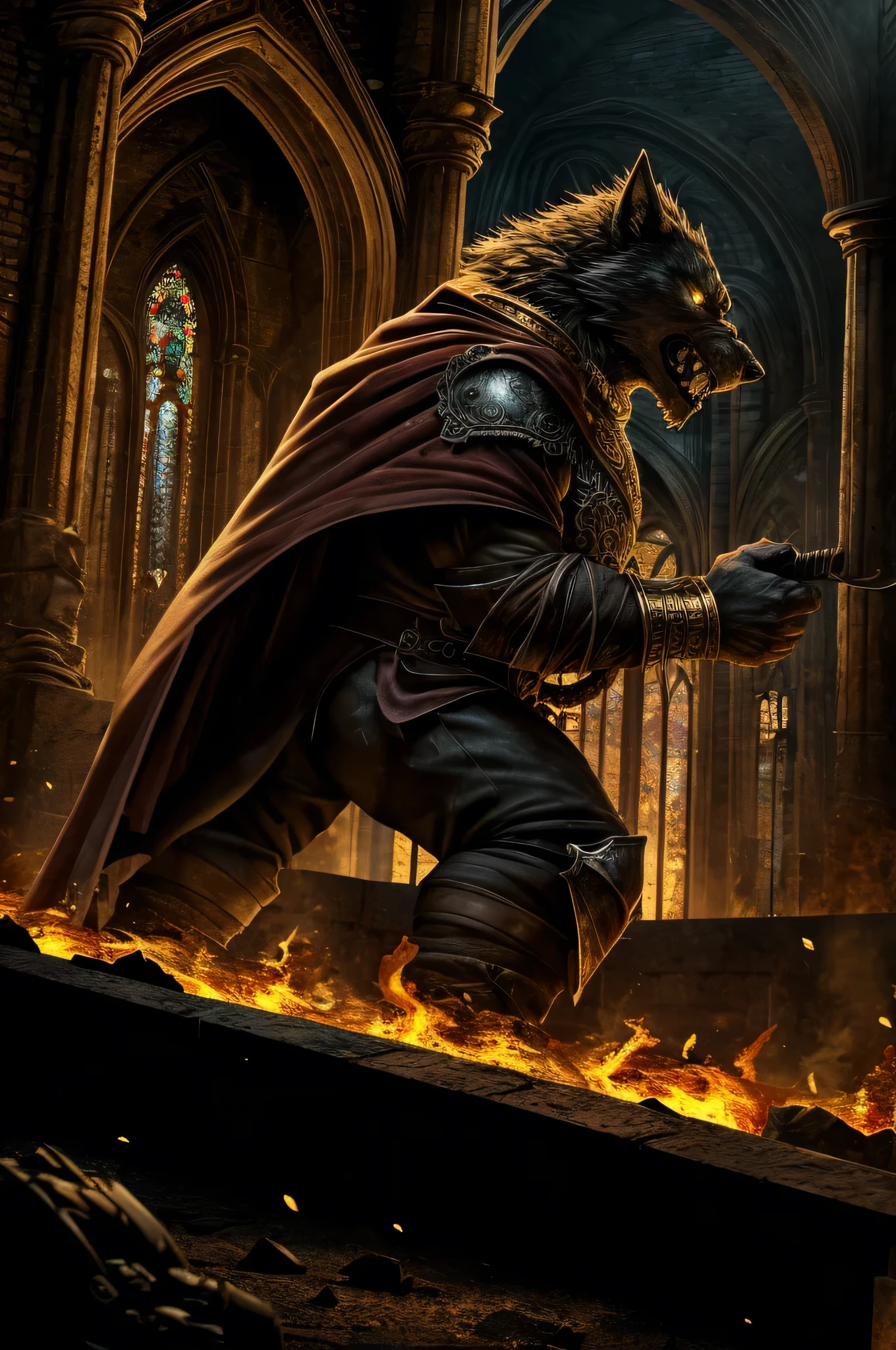 (One Muscular male bara furry wolf, grey fur, dilf, bulge) clothing=(medieval mercenary attire, Gold fangs, gold metal bracers+gold ornaments+black greaves+Yellow eyes+Dark old wrinkled maroon cape), Place=(Old Rome, Midnight, dramatic, lighting in his face, in the dark,dark, creepy, twisted, burning cathedral)+Epic pose+Dirty and chipped armor, sideview), Create a high-resolution digital painting fearsome werewolf within a ruined, burning cathedral. The werewolf is clad in dark, battle-worn red armor, He grips a large, ornate scepter in one hand, his snarling face illuminated by the intense flames engulfing the scene The background features the crumbling arches and shattered stained glass windows of the cathedral, all consumed by fire. The overall atmosphere is dark, chaotic, and apocalyptic, with vivid details of the burning inferno and the powerful, intimidating presence of the werewolf, heavy use of dramatic lighting and bold contrasts to highlight the menacing features of the subjects,combine elements of horror, medieval fantasy, and dark mythos to create a vivid, immersive image.