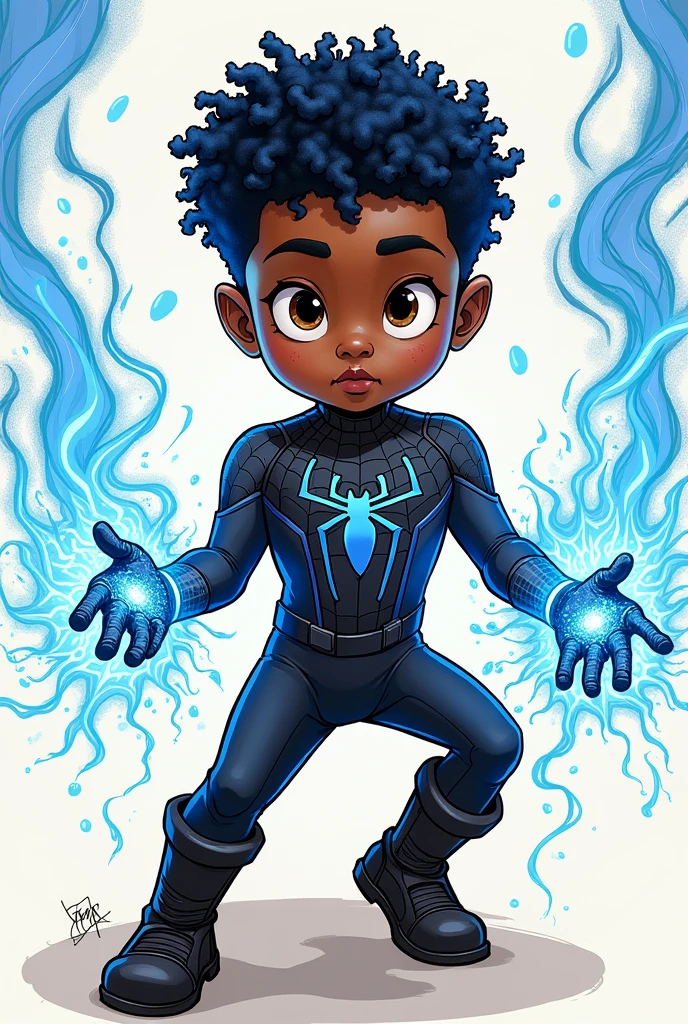 Create a Marvel character, skin black, blue short curly hair, 6 year old boy, black spider man dress, dark brown eye, drawning, fully body, releasing web