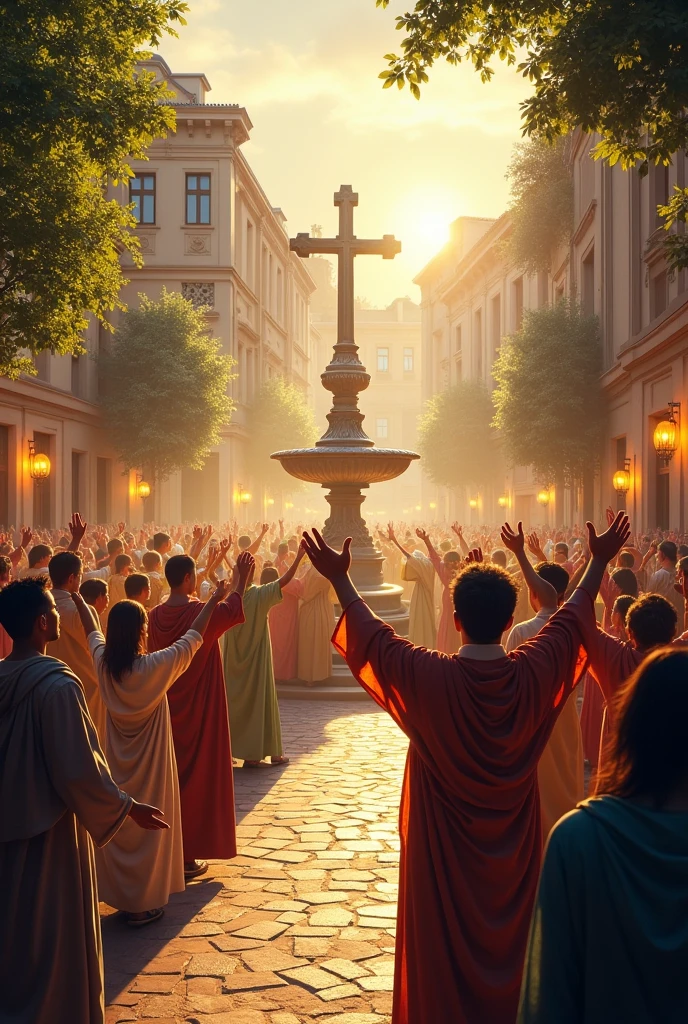 Make a Written Poster "Sunday in the square" with Christians praising in the background 