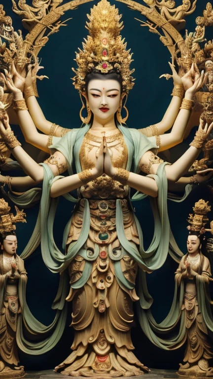 masterpiece,Best quality at best,UHD,8k wallpaper,actual,masterious,(realisticlying:1.4),1 Giant Girl,full bodyesbian, a golden statue of Thousand Hands Guan yin , Multiple hands holding some holly chinese weapons, ancient style, Eau,wave,, beautiful face with compassion