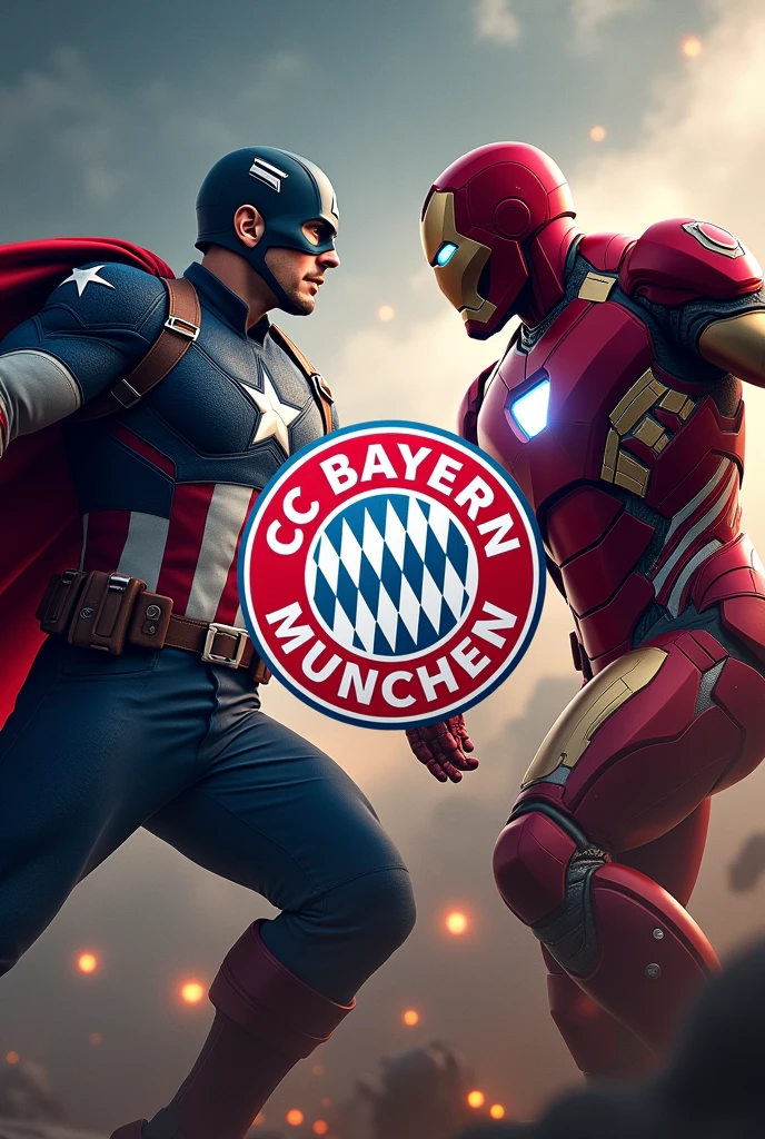 Bayern Munich shield invited with Captain America&#39;s shield. Down with iron man and captain america fighting dramatically, an epic background 
