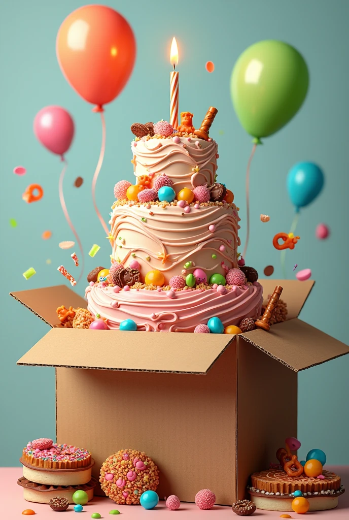 A birthday cake with snacks and balloons inside a cardboard box