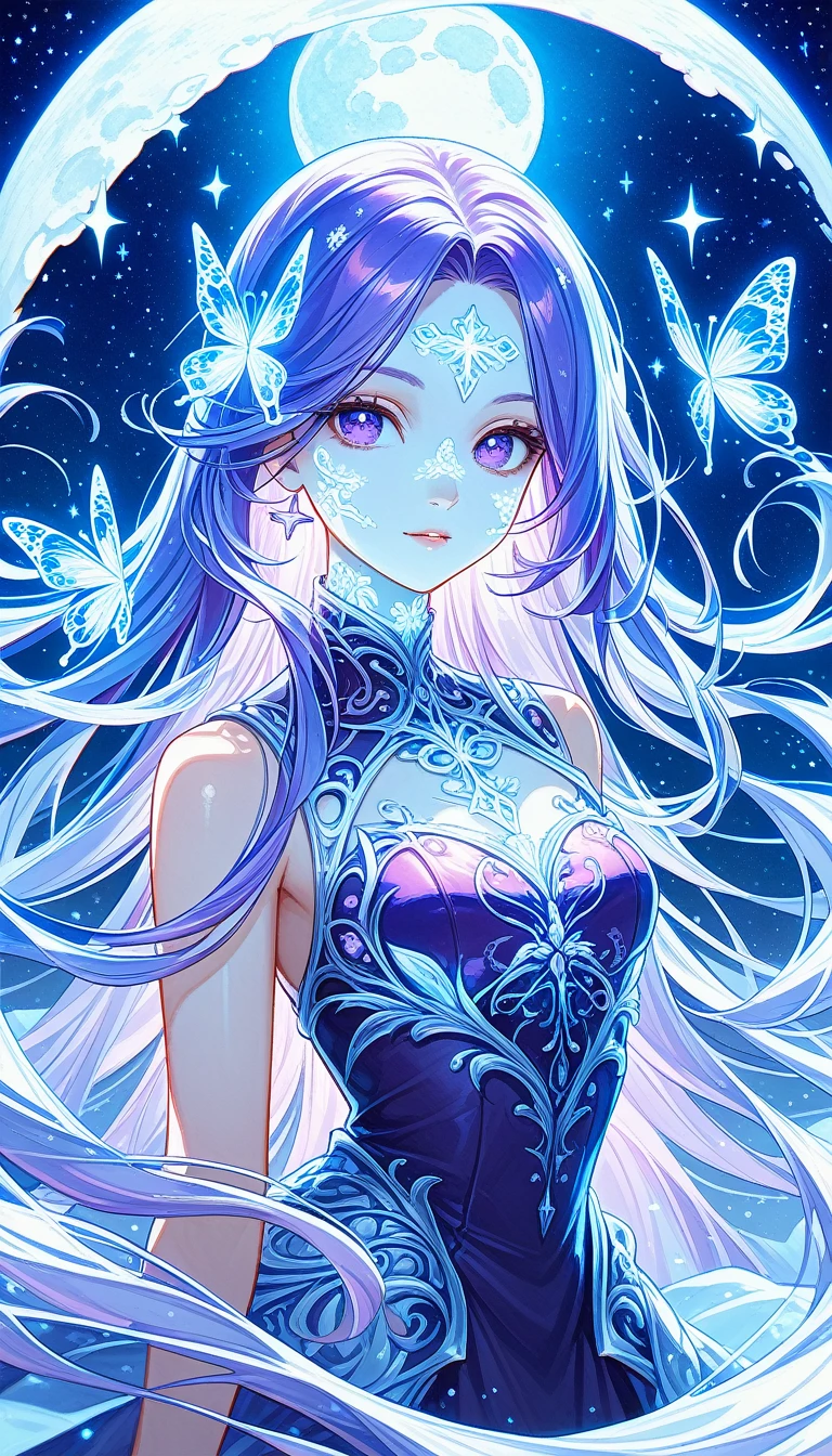 masterpiece，best quality，Ultra Detail，Fine details，high resolution,Angel,Glowing skin,thin,Purple hair color,Very long hair,1,Purple Eye,Perfect face,Exquisite facial features,Looking at the viewer,Purple dress,Dreamy tones,high contrast color tone,Blue sky,daytime,3D Rendering,Pastel，Angel光环，There are some stars in the background，moon，Butterfly，Starry Sky