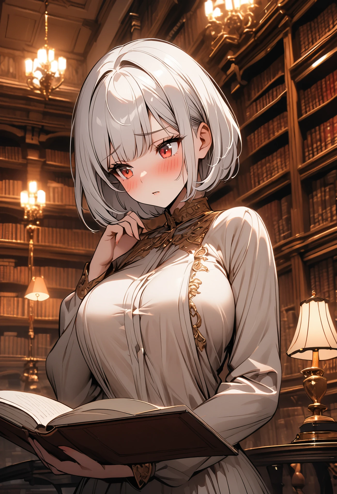 female, solo, sfw, medium shot, white hair, red eyes, mansion, gold, luxury, very large breasts, short hair, bob cut hair, library, blush, reading, short, modest clothes, lamp, coffee, shy