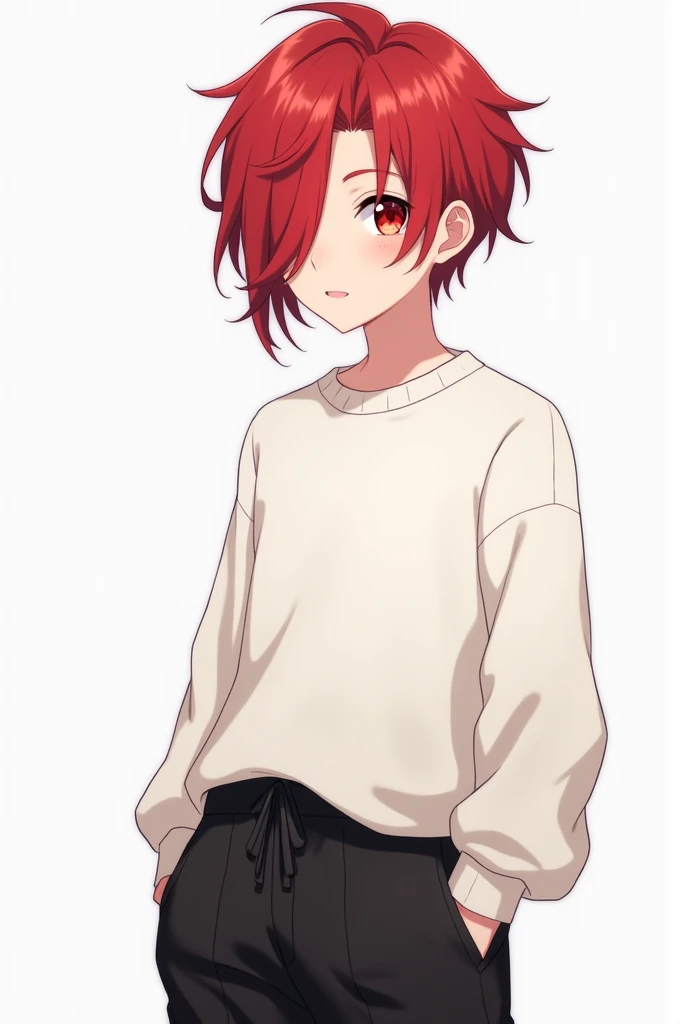 ((best quality)), ((masterpiece)), (detailed), 

A cute anime boy with short red carmine hair, one side of hair covering his right eye, red eyes, black baggy pants, blank white sweater,  13 years old 
