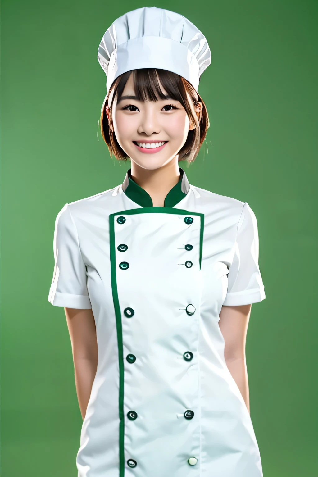 A high-quality, highly detailed realistic photo of a 20-year-old beautiful Asian Chinese girl with clean and tidy short hair, standing confidently. She is wearing a white chef uniform with a chef hat, set against a solid green background. Her expression is sweet and happy