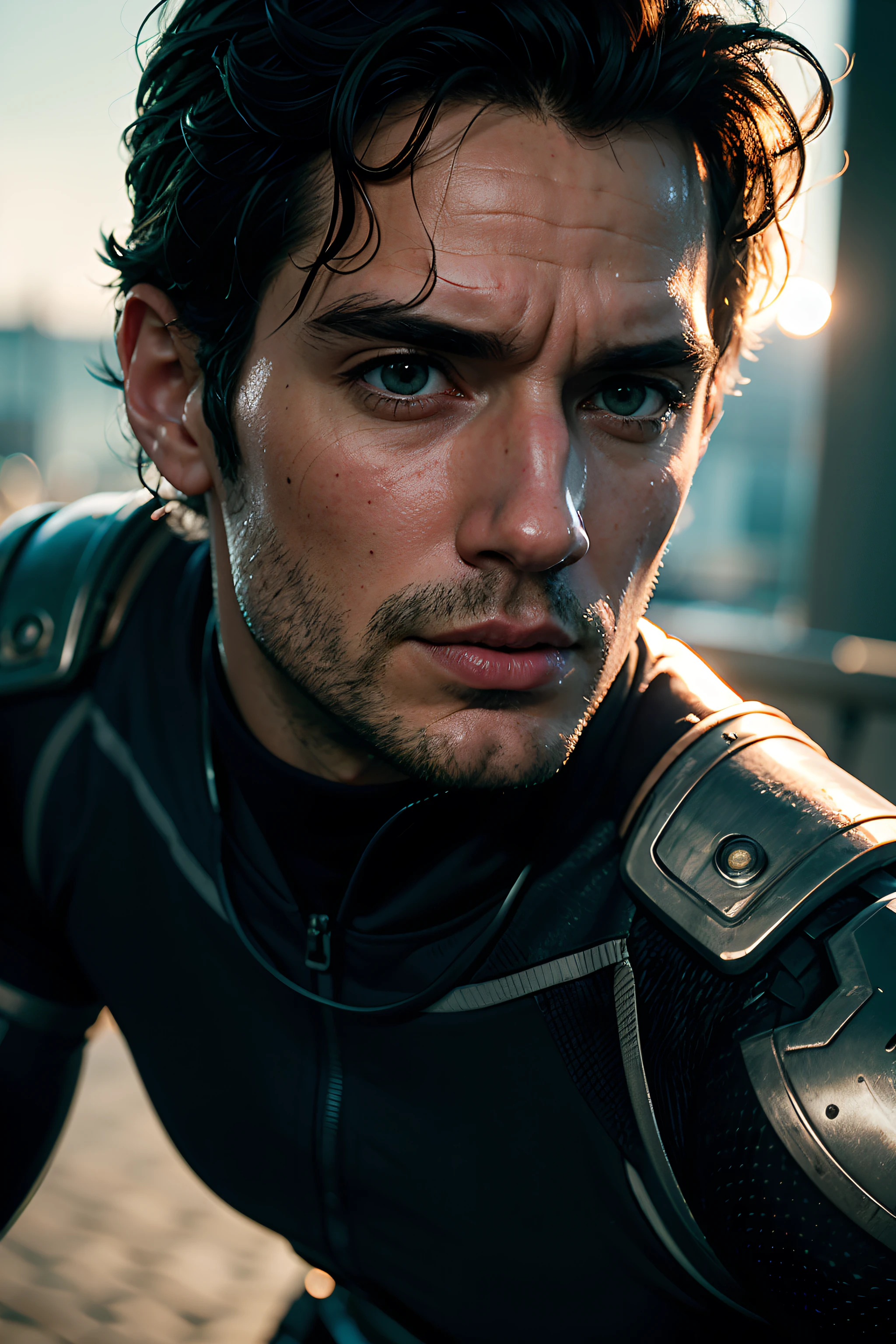 Henry Cavill as a cyberpunk captain, wearing futuristic cyborg armor, glittering lights, (dynamic pose), (hyper realisitic:1.4), (realisitic:1.3), (best quality real textured leather), whole body, (cinematic light), highly detailed skin, skin pore, (high-detailed face:1.1), (highly-detailed eyes:1.1), realisitic pupils, (Perfect Anatomia:1.1), (perfect proportions:1.1), (fot:1.1), (photorealisitic:1.1), volumetric lighting, dynamic lighting, real shadows, (high resolution:1.1), sharp focus, Day Light, (realisitic, hyperrealisitic:1.4), intrikate, high détail, Dramatic, underground dispersal, big depth of field, vivid, polished, Spitz, ((totalmente Spitz)), (extremely absurd),8k hdr,