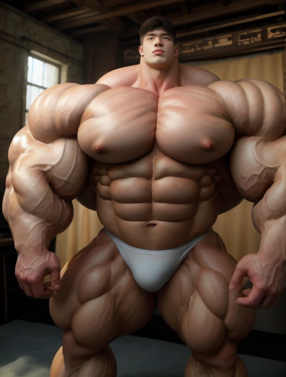 1boy, chinese, giant bodybuilder, stand, illuminating light, strong body, bulk, large size, staring, standing, armpit, at the white photo studio, nude, navy triangular underwear, prominent bulge, extraordinary big, brutalmass, giant, muscular body, bulk, buff, massive body, large meaty body size, extremely wide body