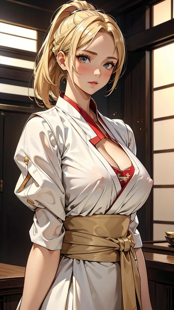 best quality, masterpiece, High resolution,, 1 girl, Detailed face, (Upper Body:1.6), actual, Rich in details, (White Hanfu:1.2), (Beautiful body:1.4),Red translucent armor,Arm mecha,blonde short hair,Long ponytail hairstyle,Huge Breasts,cleavage,Pistol hanging from waist,fighter pilot,fighter hangar,Sexy,lipstick,Golden Eyes,stockings,Short skirt,Nipples exposed