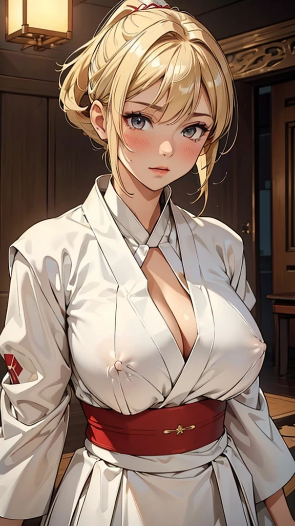 best quality, masterpiece, High resolution,, 1 girl, Detailed face, (Upper Body:1.6), actual, Rich in details, (White Hanfu:1.2), (Beautiful body:1.4),Red translucent armor,Arm mecha,blonde short hair,Long ponytail hairstyle,Huge Breasts,cleavage,Pistol hanging from waist,fighter pilot,fighter hangar,Sexy,lipstick,Golden Eyes,stockings,Short skirt,Nipples exposed