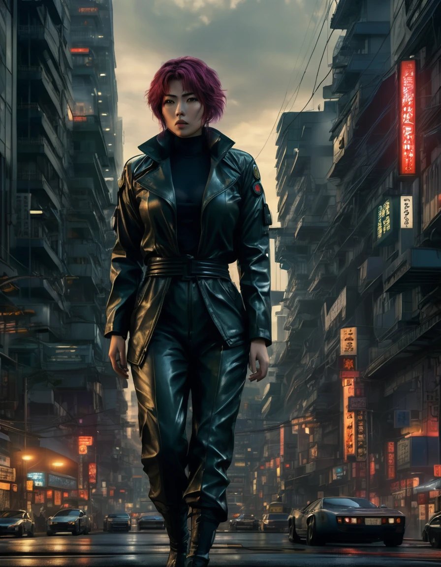 A cinematic waist up photorealistic color digital painting of [Ryoko Yonekura:Scarlet Johansson:0.5] as Major Motoko Kusanagi of The Cybercrime Detective of Ghost in the Shell anime scrutinize the city from the City Tower, detailed face, insanely detailed and intricate, crisp sharp and clear, volumetric lighting, ultra-high resolution, masterpiece hyper realistic artwork of Shirow Masamune, Cinematographic scene by Hiromasa Ogura, centered, Professional color grading by Kenneth Hines Jr.