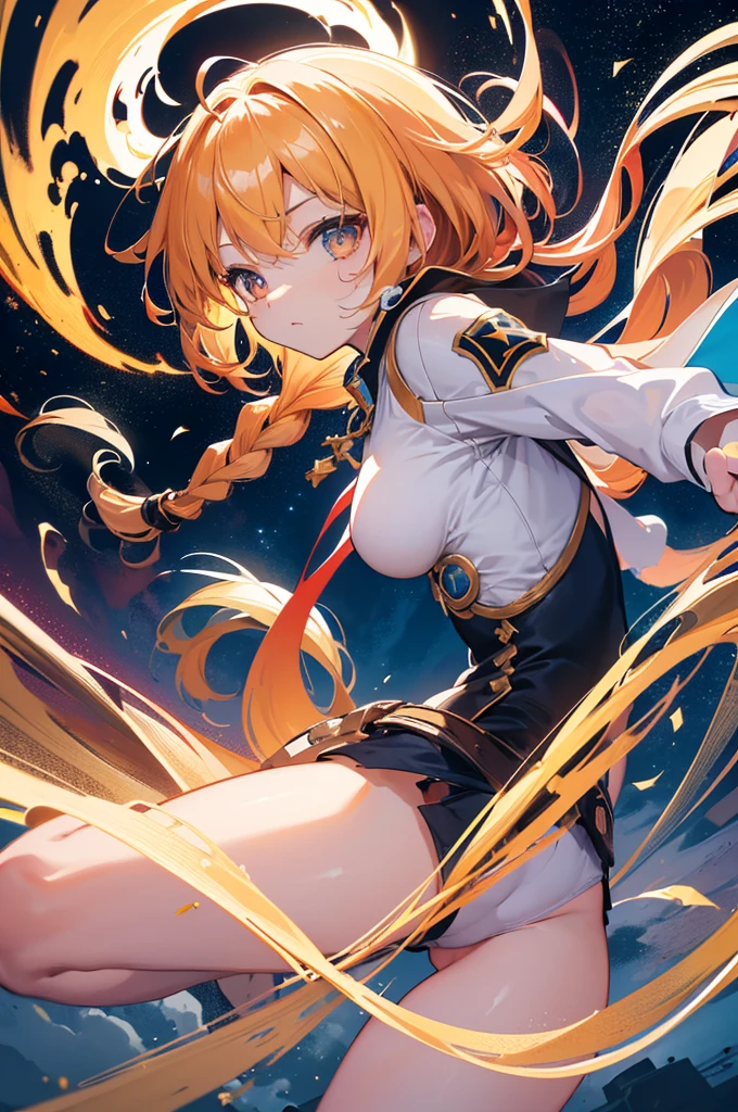 quality\(8k, wallpaper of extremely detailed CG unit, masterpiece, highest resolution, top-quality, top-quality real texture skin, hyper realistic, increase the resolution, RAW photos, best quality, highly detailed, the wallpaper, cinematic lighting, ray trace, golden ratio\), BREAK, solo, 1 girl/(cute, kawaii, small , chibi, hair floating, hair color cosmic, hair shining brightly, braid hair, hair messy, dandelion hairbow, eye color cosmic, big eyes, pale skin, bigdynamic angle: 1.4) full body, dynamic pose, detailed face, vivid color), background\(outdoor, park, many grass and trees, golden hour) tornado of clouds in the sky, s9from front: 1.8), please do raw hands correctly,(ground level shot:1.5)