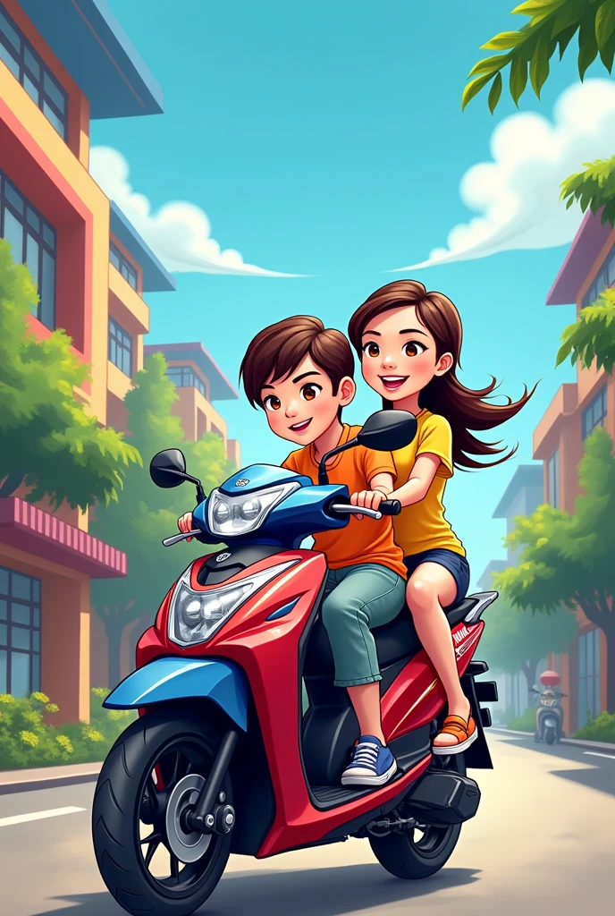 Create cartoon yamaha Lexi 125 from indonesia with 2 riders