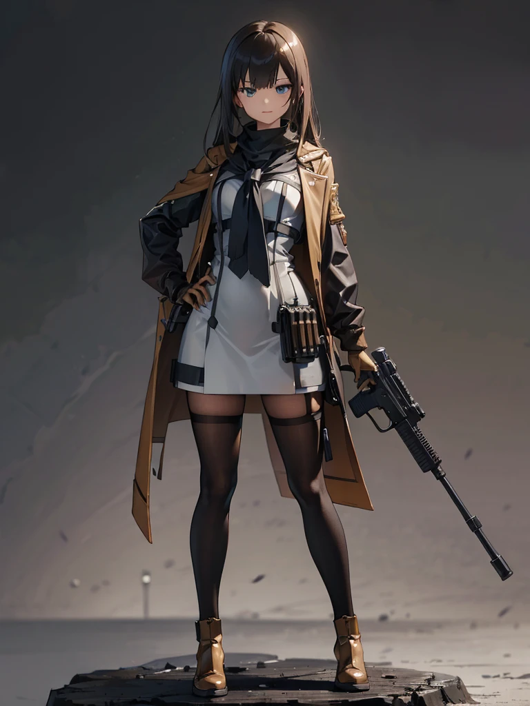 holding_gun, assault_rifle, Very detailed, Anime Style, whole body, alone, Stylish Gunfighter Girl, Holding a steampunk long barrel pistol,Standing in the wasteland, 8K high resolution, White Background, In the spotlight, The background is a dark and desolate landscape, Horror movie atmosphere. Her figure is very beautiful, Emphasizing the dark and crazy elements. Skillfully expressing the effects of light and shadow, 