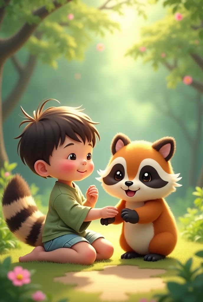 Tanuki A raccoon covered in soft fur A cute child playing with a fox