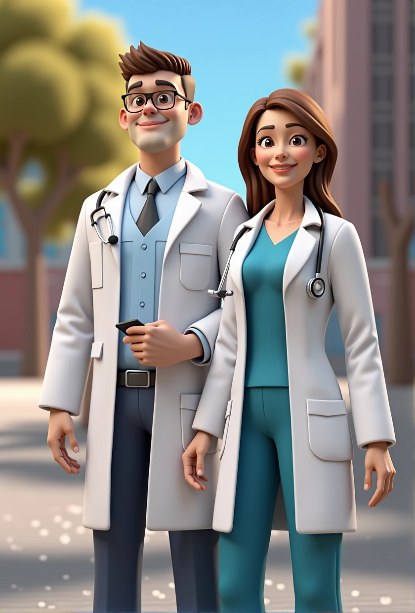 Cartoon Character Couple Of Adult Doctors Wearing Lab Coat And Stethoscope In A College , holding monitor, an animated character, stylized character, animation style rendering, 3d stylized, , 3 d render stylized, adult render keyshot, 3d character, 3d character, 3d rendering stylized, 3 d character render, cartoon character, Personagem de close up, character posing, (Pixar-style) (bokeh) (best qualityer) (skin detailed) (detailed texture) (8k) (Argilla) (Cinematic lighting) (sharp focus,Sit down and lift your upper body