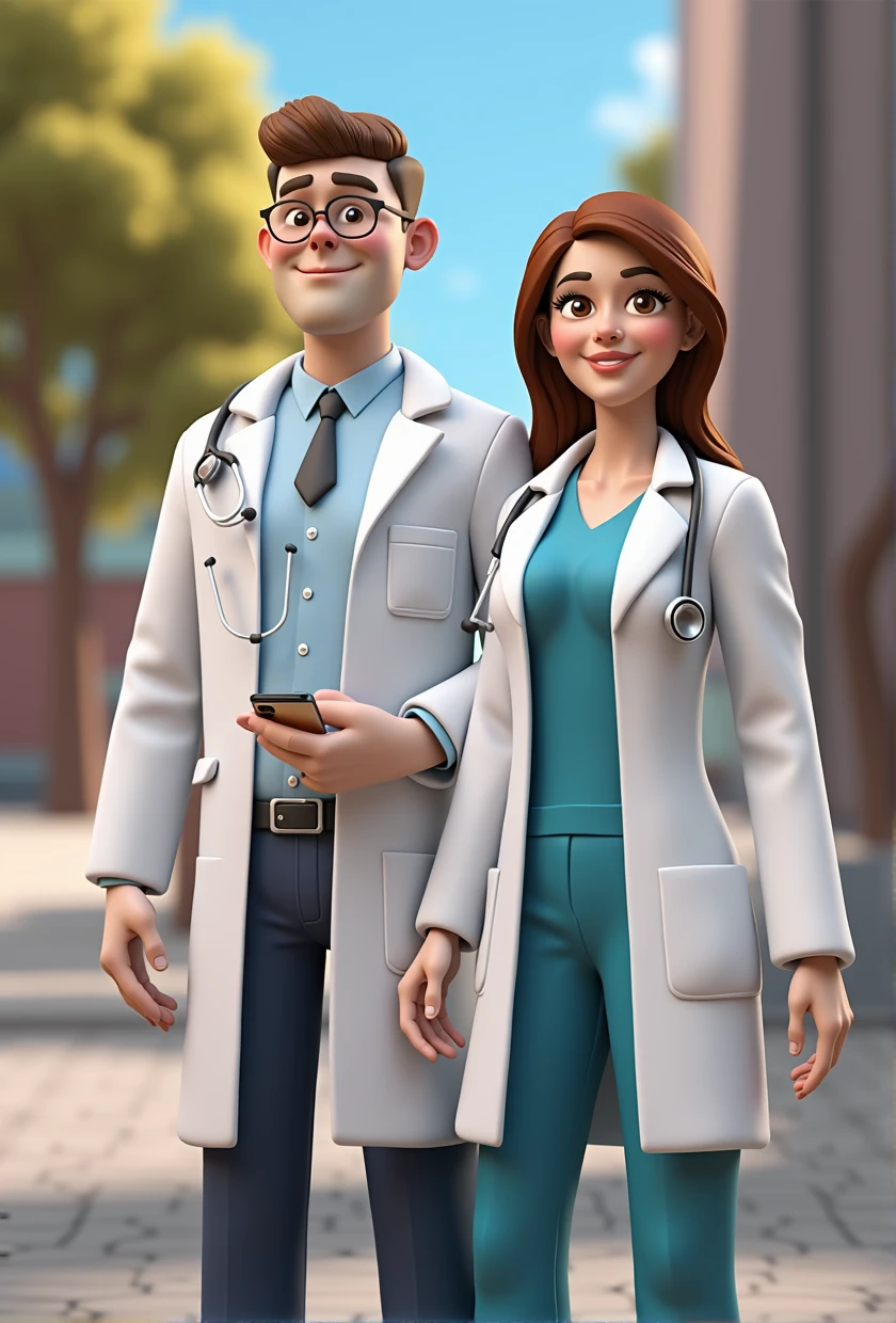 Cartoon Character Couple Of Adult Doctors Wearing Lab Coat And Stethoscope In A College , holding monitor, an animated character, stylized character, animation style rendering, 3d stylized, , 3 d render stylized, adult render keyshot, 3d character, 3d character, 3d rendering stylized, 3 d character render, cartoon character, Personagem de close up, character posing, (Pixar-style) (bokeh) (best qualityer) (skin detailed) (detailed texture) (8k) (Argilla) (Cinematic lighting) (sharp focus,Sit down and lift your upper body