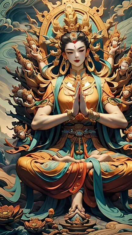 masterpiece,Best quality at best,UHD,8k wallpaper,actual,masterious,(realisticlying:1.4),1 Giant Girl,full bodyesbian, a golden statue of Thousand Hands Guan yin , Multiple hands holding some holly chinese weapons, ancient style, Eau,wave,, beautiful face with compassion 