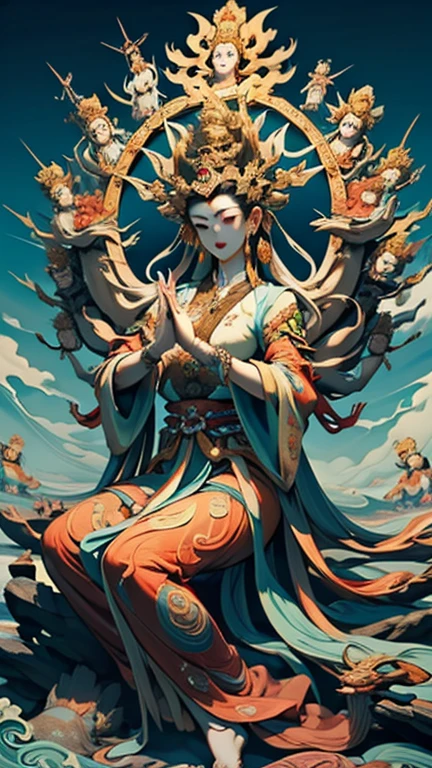 masterpiece,Best quality at best,UHD,8k wallpaper,actual,masterious,(realisticlying:1.4),1 Giant Girl,full bodyesbian, a golden statue of Thousand Hands Guan yin , Multiple hands holding some holly chinese weapons, ancient style, Eau,wave,, beautiful face with compassion 