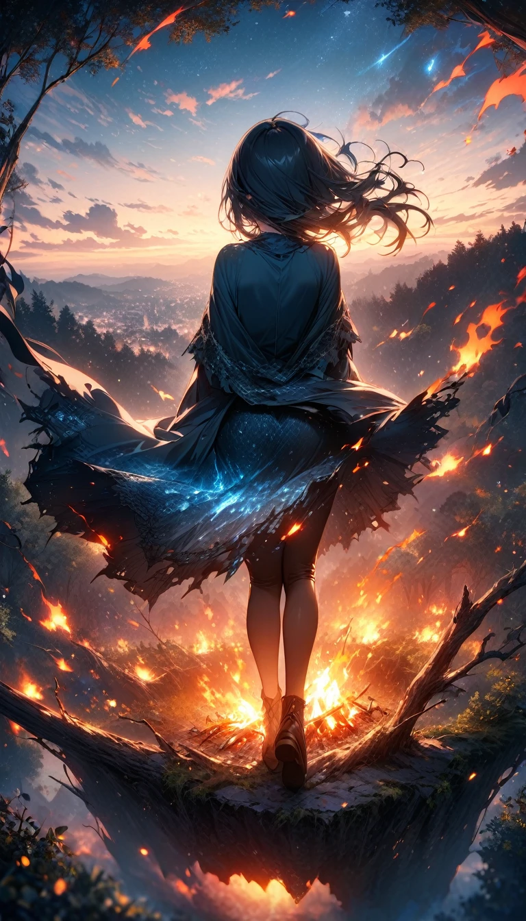 Super detailed: 1.2、Deep writing depth: 1.2、((Panorama, center, masterpiece, Highest quality: 1.2))、 (8k, RAW Photos, Highest quality), ((masterpiece:1.2)), Ultra-high resolution, アニメアート壁紙 8k、 (1 girl、Back view), Deep in the forest、When dusk approaches、The girl was sitting alone in front of the fire。Her name is Aria、Long black hair blowing in the wind、Clear blue eyes staring into the flames of the bonfire。Aria puts on her old cloak、I hugged my knees and soaked in the warmth of the fire。Silence spreads in the darkness of the night、With only the crackling of the bonfire echoing,、She gazed at the stars, pondering legends from long ago.。The blue light of the bonfire、It was as if I was summoning the mysterious beings lurking quietly in the depths of the forest.。