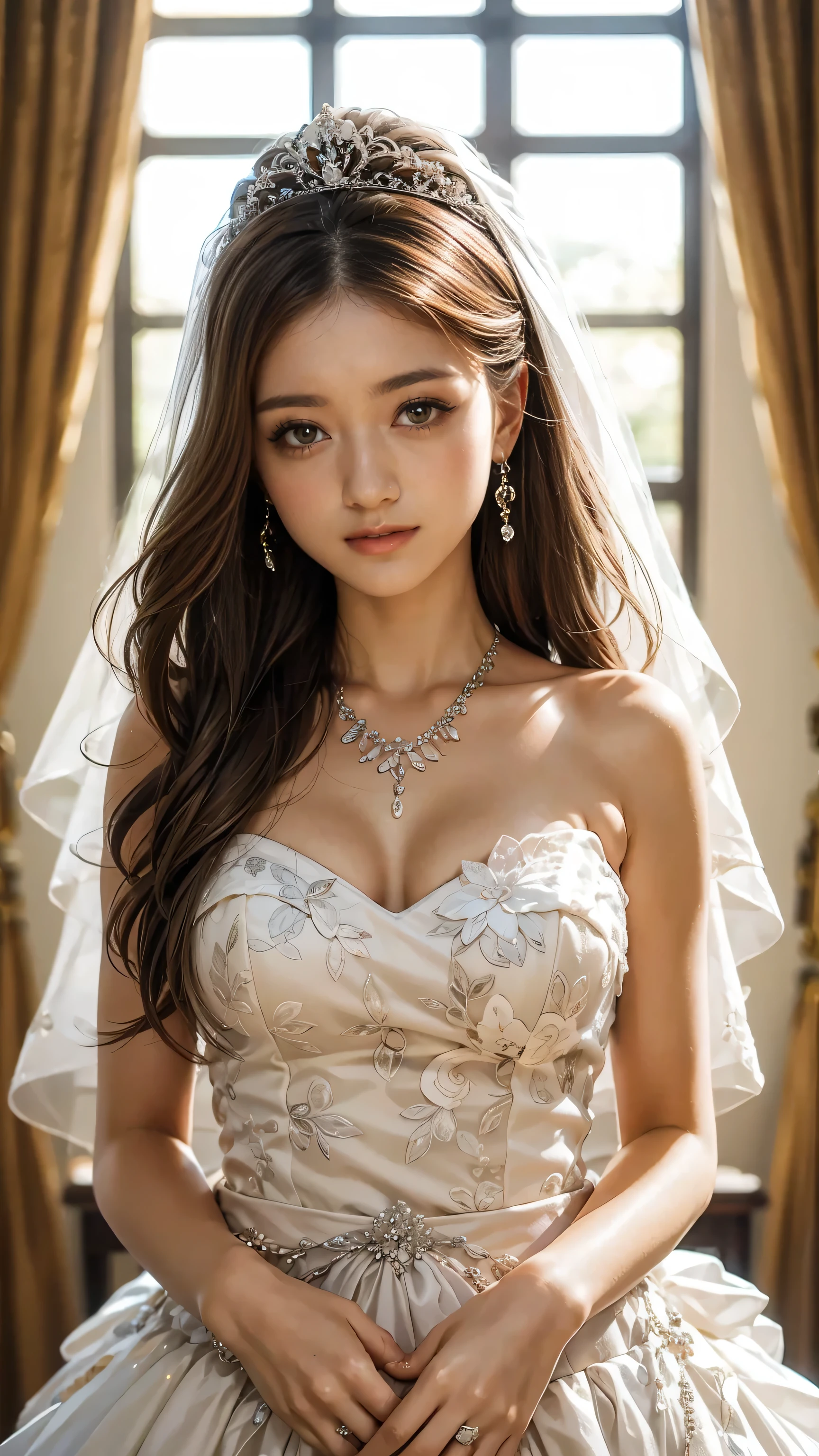 (Highest quality、Tabletop、8k、Best image quality、Award-winning works)、One beautiful bride、(alone:1.1)、(The most extravagant and gorgeous huge wedding dresses:1.1)、(Perfect Wedding Lace:1.2)、(The most extravagant and luxurious giant tiara:1.1)、(The most extravagant and luxurious giant necklace:1.1)、The most beautiful smile is looking at me、A wide selection of the finest jewelry、(Bridal upper body photo:1.1)、Perfect Makeup、Long eyelashes、Ultra HD Shining Eyes、Ultra HD Hair、Ultra High Resolution Glossy Lips、Ultra High Resolution Perfect Teeth、Beautiful face in ultra-high definition、(Accurate anatomy:1.1)、(Very bright and beautiful skin:1.2)、(very bright and vivid:1.2)、(Luxury wedding venue background:1.1)